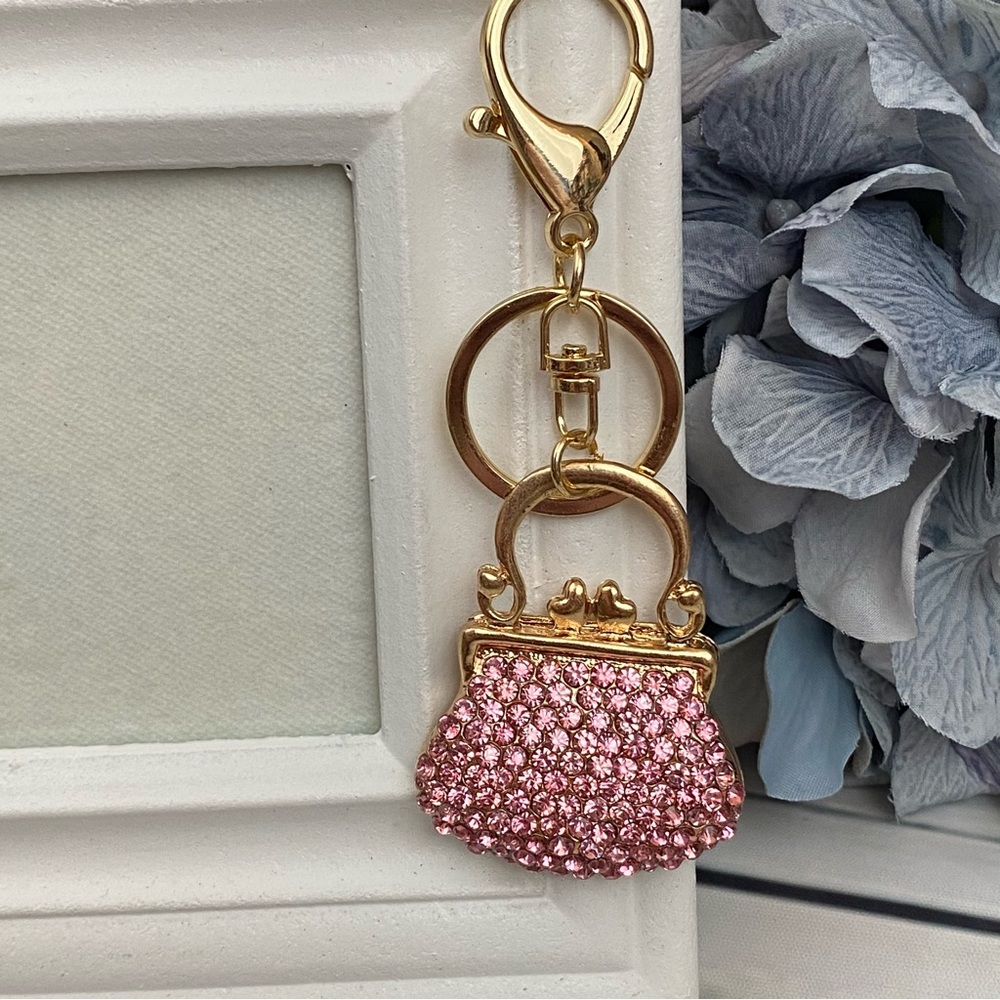 Pink Crystal Clasped Handbag Keychain Charm - Picture 2 of 12